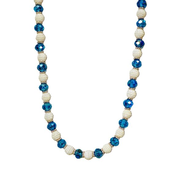 Blue glass and white round bead necklace an earring set with silver spacer beads - Picture 13 of 15